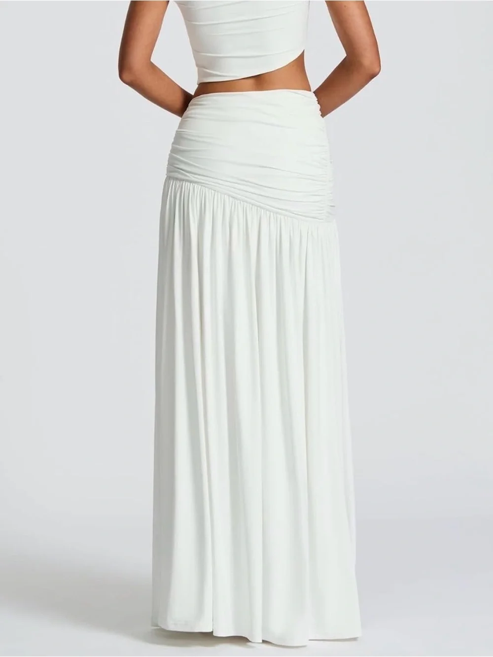 White Maxi Skirt with Gold Floral Accent and High Slit
